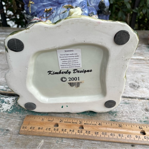 Kimberly Designs 2001 vintage blue ceramic flowers & animals tealight outhouse - Picture 8 of 12